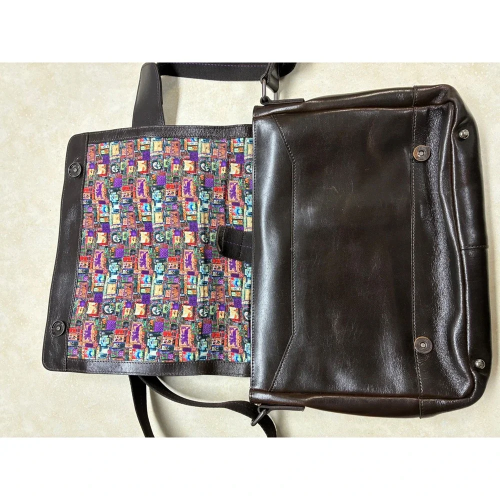 Robert Graham Brown Leather Messenger Bag Crossbody Mosaic Lining Mens LaptopBag